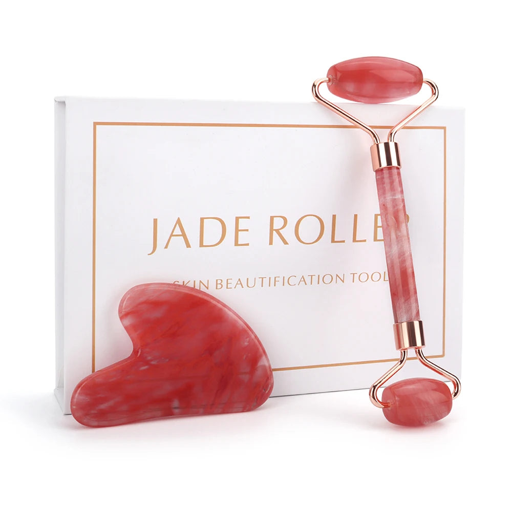 Red Pomegranate Crystal Roller Gua Sha Set Natural Jade Facial Massager