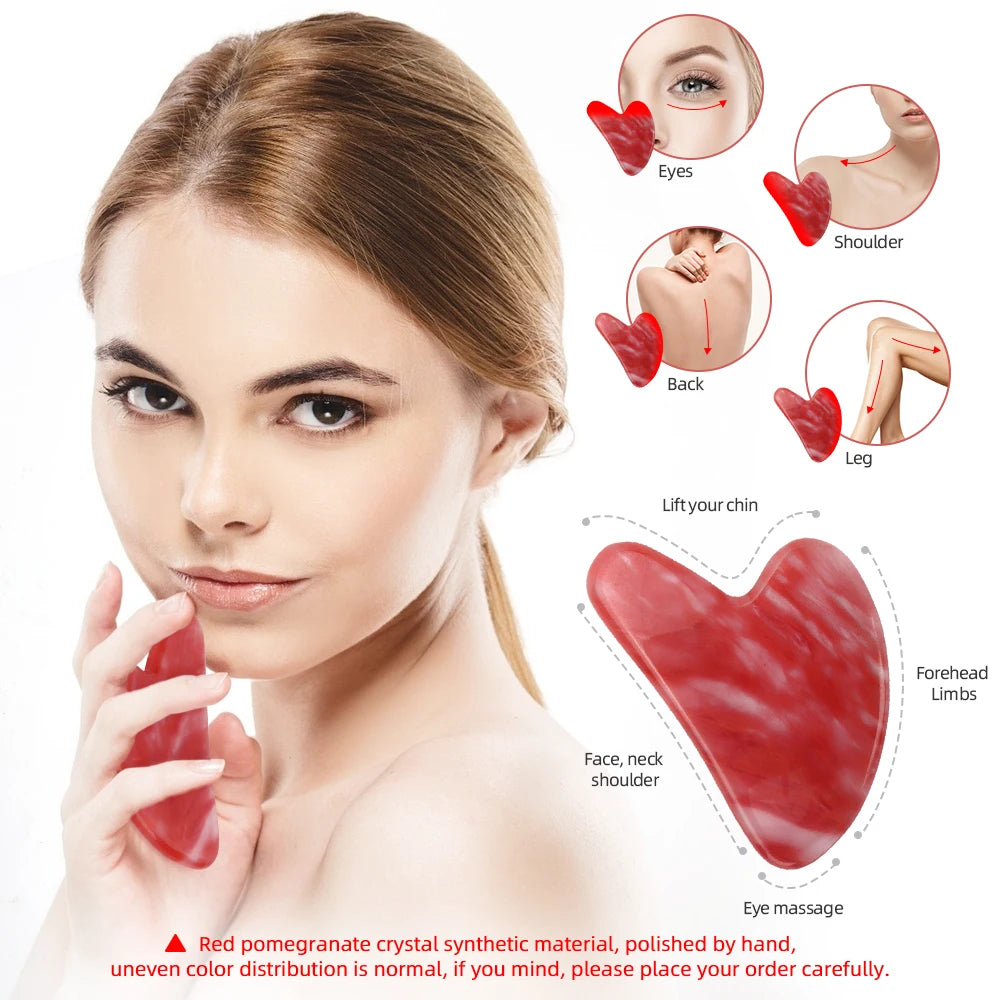 Red Pomegranate Crystal Roller Gua Sha Set Natural Jade Facial Massager
