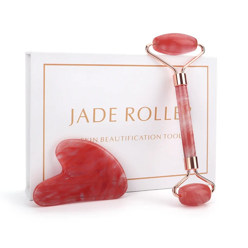 Red Pomegranate Crystal Roller Gua Sha Set Natural Jade Facial Massager