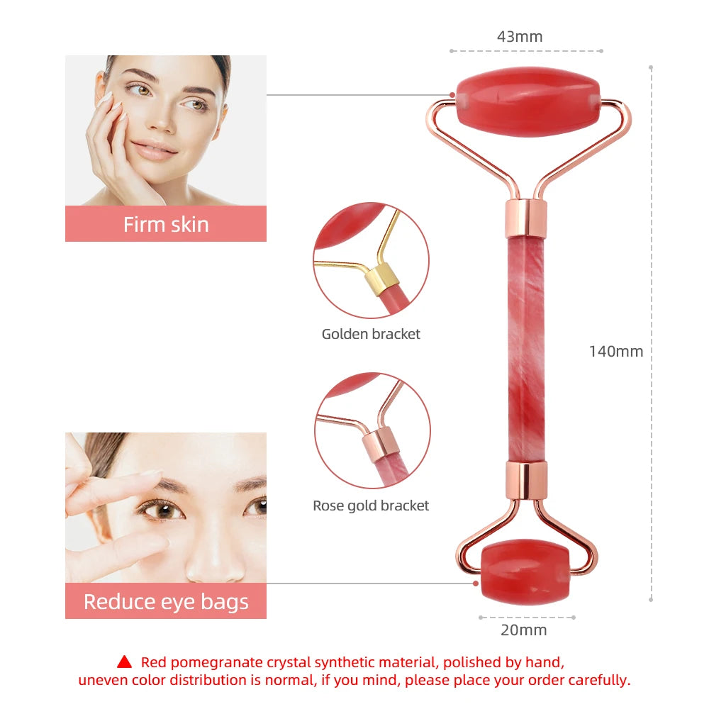 Red Pomegranate Crystal Roller Gua Sha Set Natural Jade Facial Massager