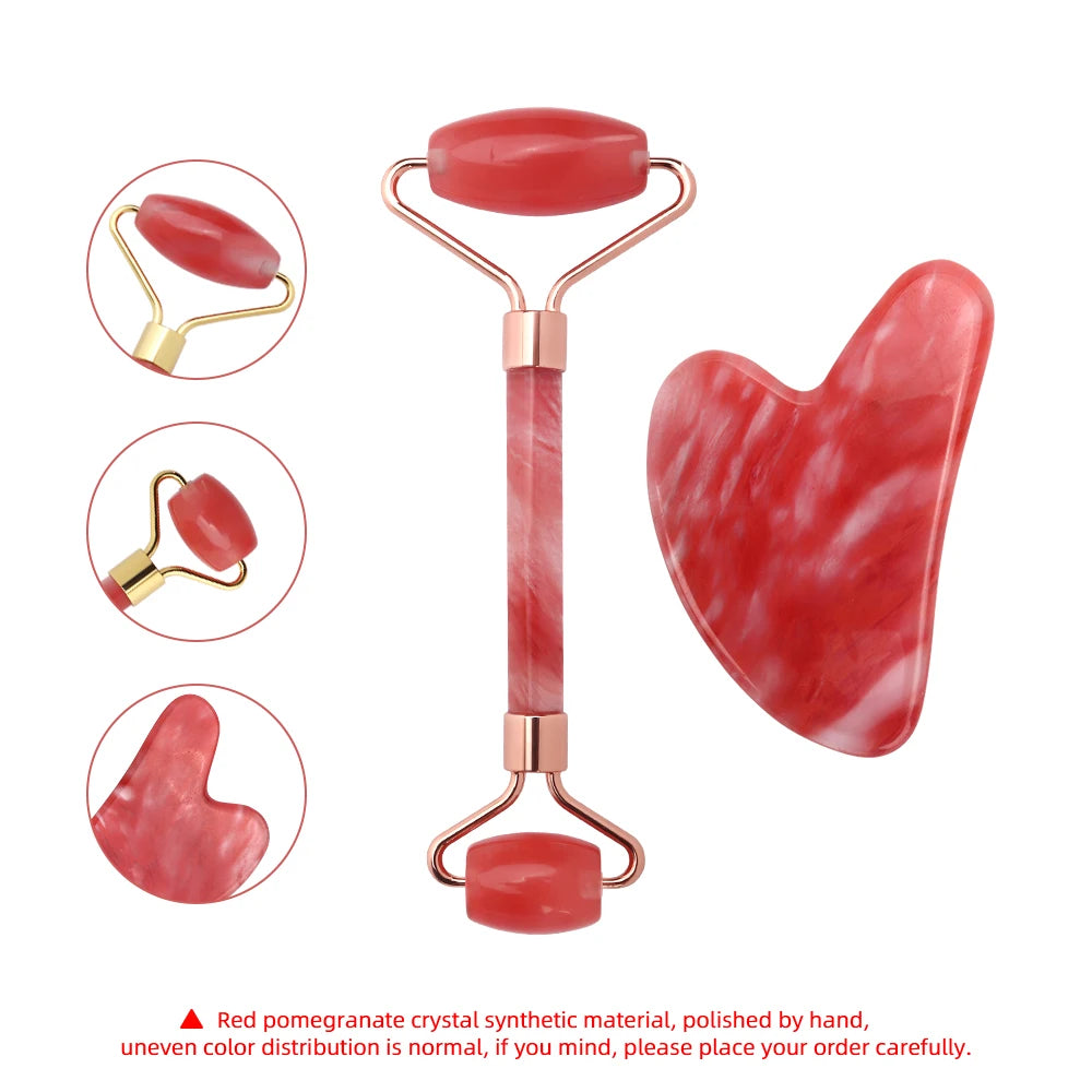 Red Pomegranate Crystal Roller Gua Sha Set Natural Jade Facial Massager