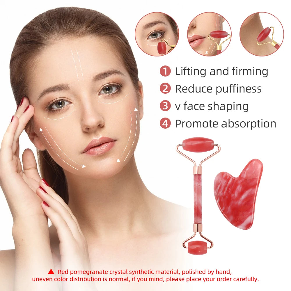 Red Pomegranate Crystal Roller Gua Sha Set Natural Jade Facial Massager